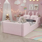 Whisen Twin - Letto a piattaforma, Letto imbottito da pavimento per bambini con cuscino a coniglio, Sponde laterali rimovibili
