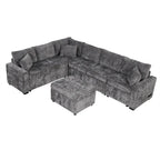Chenille Sectional Sofa Pull-out Sofa Bed, L-Shape Sleeper Sofa with Storage Ottoman, 3 Pillows and Charging Devices