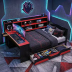 Gamer Hub Daybed with Desk, RGB Lights, Charging Station, Storage Drawers & Bookcase Headboard