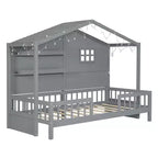 Twin Size House Bed with Storage Shelves and Rails, Wood Kids Montessori Bed Frame with Window and Sparkling Light Strip