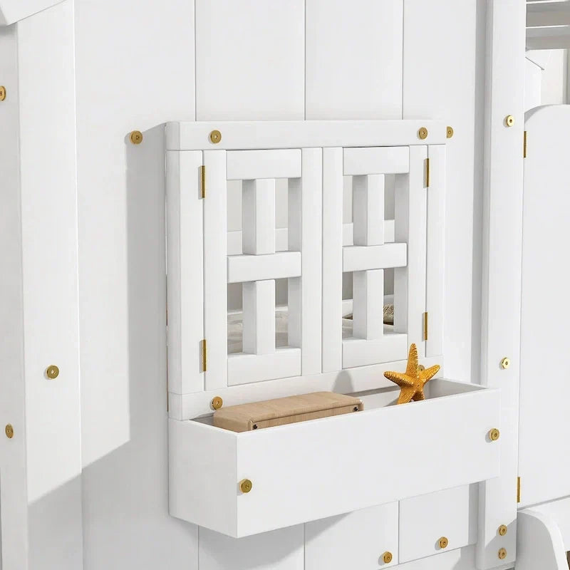 Twin over Twin House Bunk Bed with Roof , Window, Window Box, Door , with Safety Guardrails and Ladder, Grey