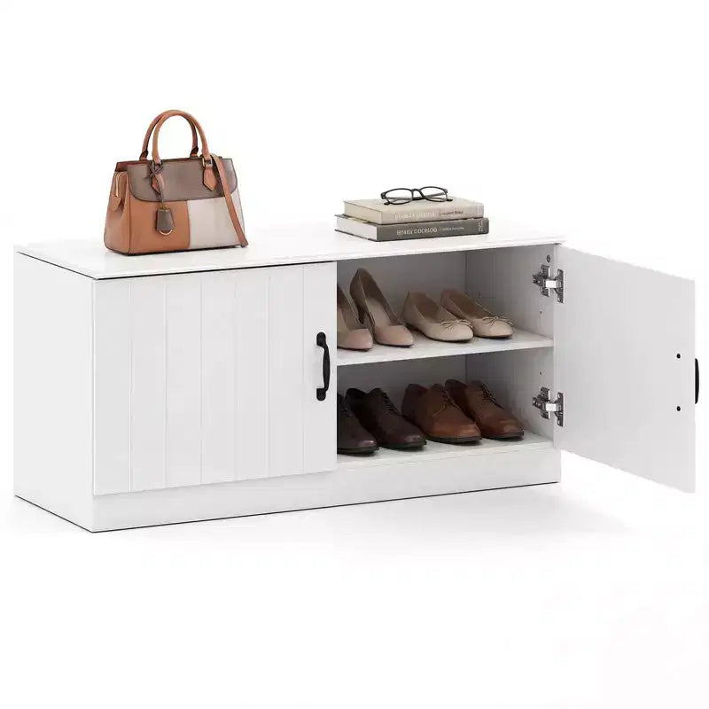 2-Door Shoe Bench wirh Adjustable Shelves Hidden Storage Space Natural + White/Whi5te