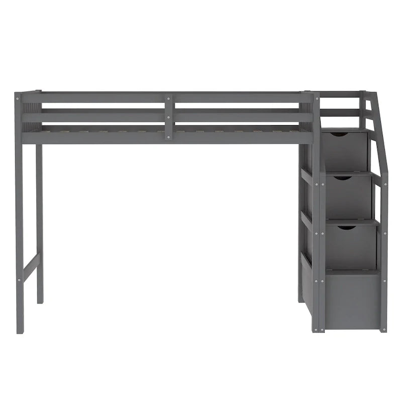Twin Over Full Wood Loft Bed with Staircase,High Guardrails and Ladder