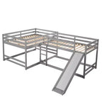 L Shaped Bunk Bed for 4 Kids, Quad Bunk Bed with Slide Full and Twin Wood Bunk Frame for Bedroom Dorm