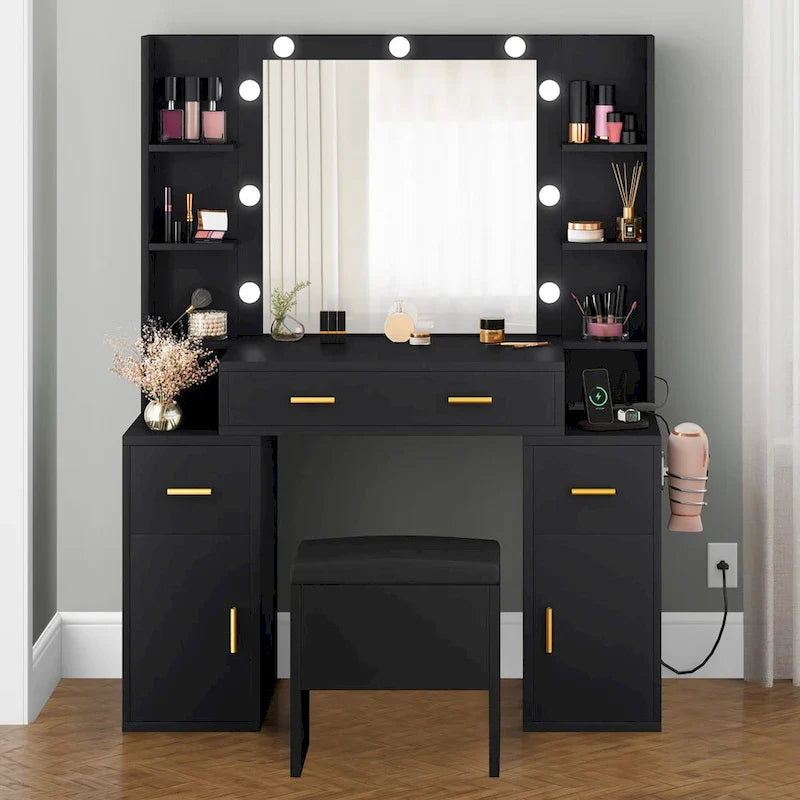 Vanity with Built-In Outlets and Lighted Mirror, 55.1H x 43.3L x 15.74W