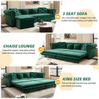 Whisen Velvet 3-in-1 King Size Pull-Out Sofa Bed & Convertible Sleeper Sofa with Movable Ottoman, Tufted Design