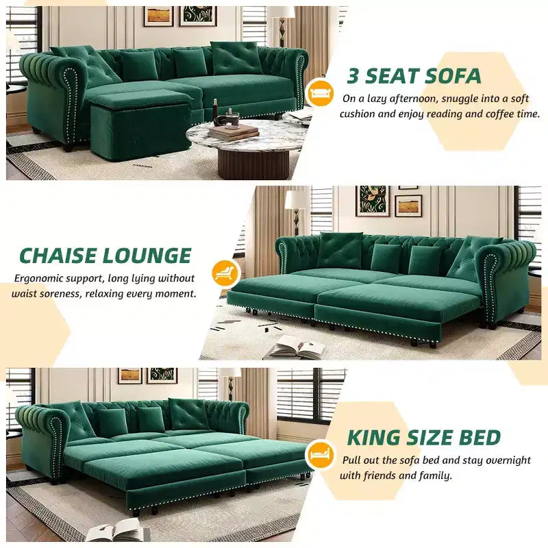 Whisen Velvet 3-in-1 King Size Pull-Out Sofa Bed & Convertible Sleeper Sofa with Movable Ottoman, Tufted Design