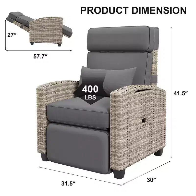 Outdoor Recliner Chair, Reclining Patio Chairs with Adjustable Backrest & Footrest, Wicker Lounge Recliner Up to 150 with Flip-Up Table