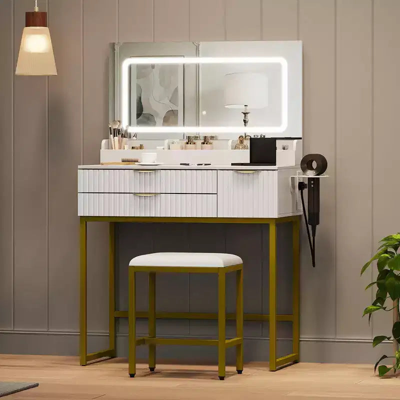 Vanity Desk with Mirror and Lights, LED Lighted Mirror Design, Ample Storage Drawers for Cosmetics and Toiletries Organization