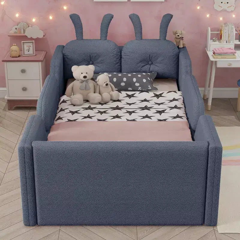 Whisen Twin - Letto a piattaforma, Letto imbottito da pavimento per bambini con cuscino a coniglio, Sponde laterali rimovibili