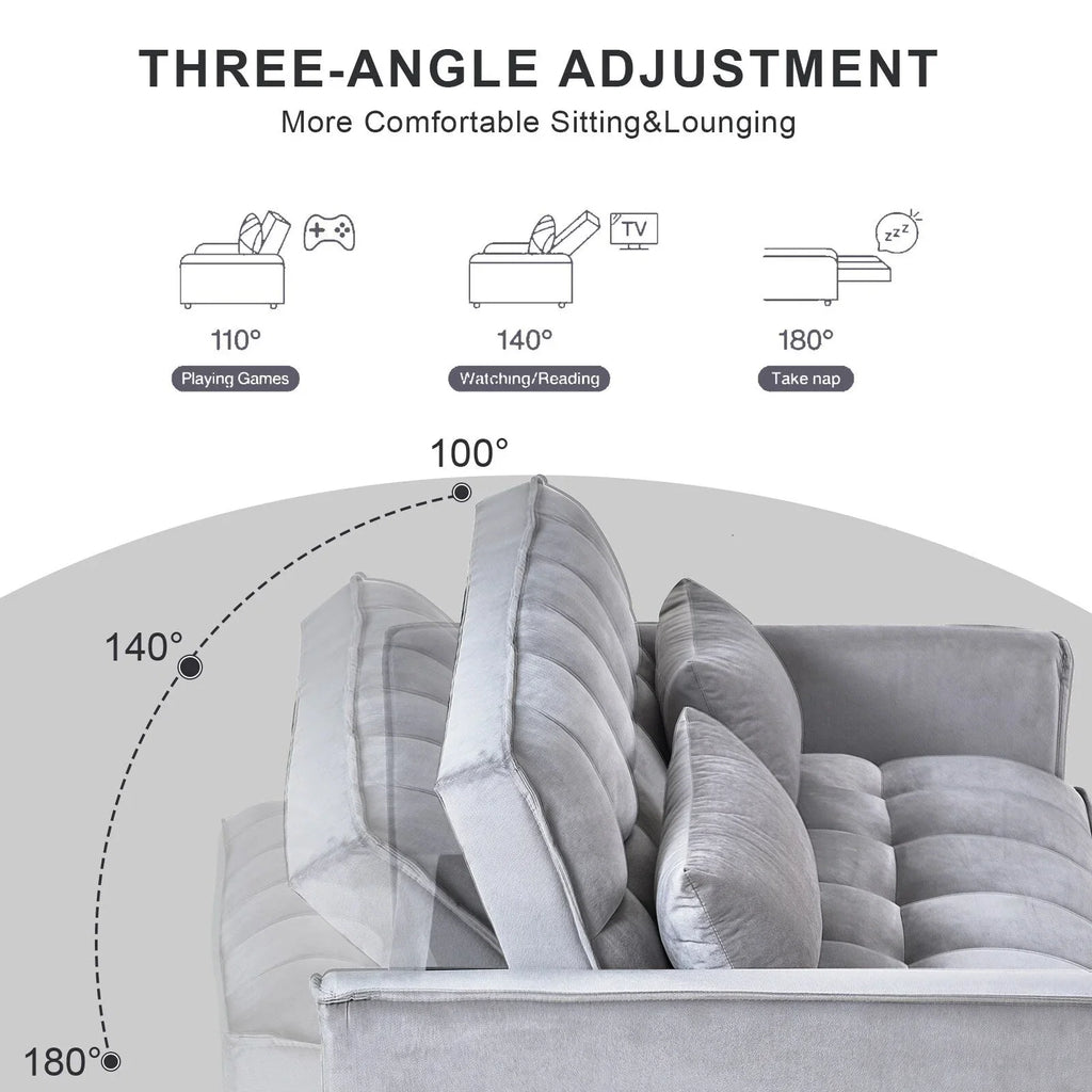 Modern Pull-Out Couch Bed, 3-in-1 Sleeper Sofa with Adjustable Backrest, Velvet Loveseat, Pillows & Side Pockets