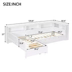Twin Size L-shaped Platform Bed with Trundle & Charging Station, Wood Bed Frame with Bookshelf