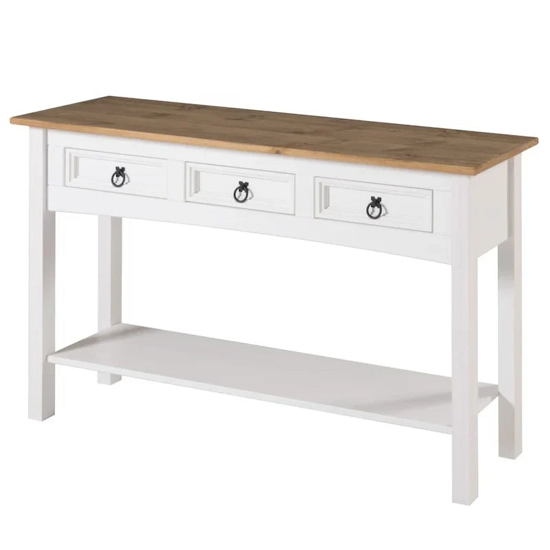 Rustic Solid Pine Console Hall Table, White Wash / Antique Brown / Gray Wash / Unpainted, 3 Drawers