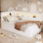 Twin/Full Daybed with Trundle and L-Shaped Bookshelf Headboard, Linen Upholstered Soft Corner Bed with Storage Shelves and LED Belt