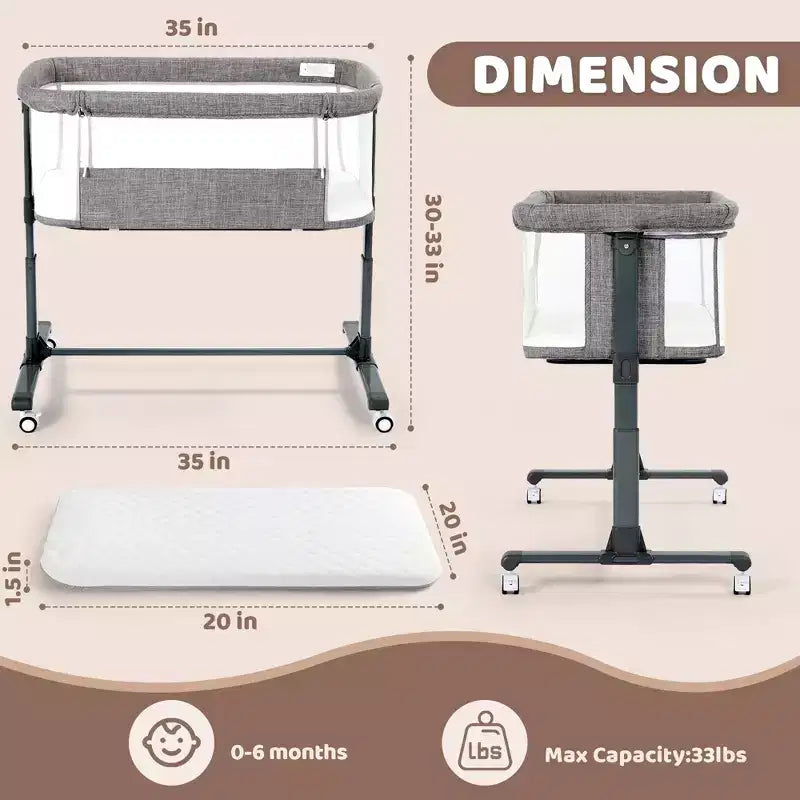 Baby Bassinet with Wheels – Beige / Gray / Pink, Bedside Sleeper, for 1 Baby