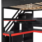 GDFStudio Scott Wooden Gaming Loft Bed with Storage Stairs, Desk, Shelves & Pegboard