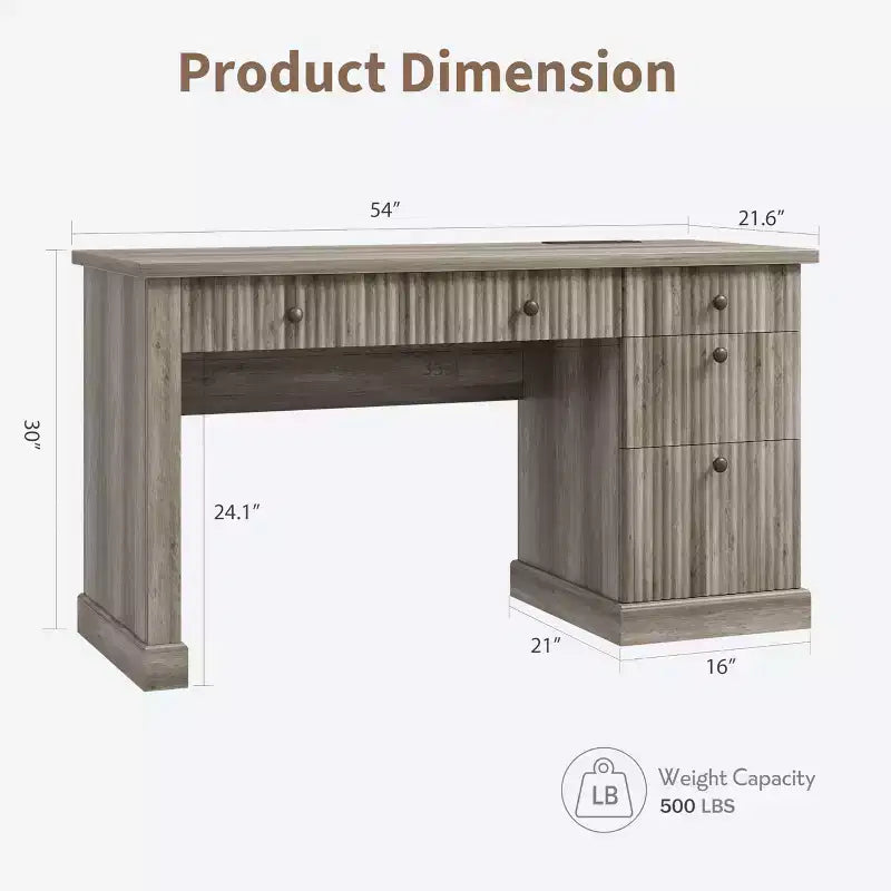 Contenitore scanalato per scrivania da ufficio, scrivania direzionale moderna da 54" con stazione di ricarica, scrivania in legno per computer con cassetti classificatori per studio