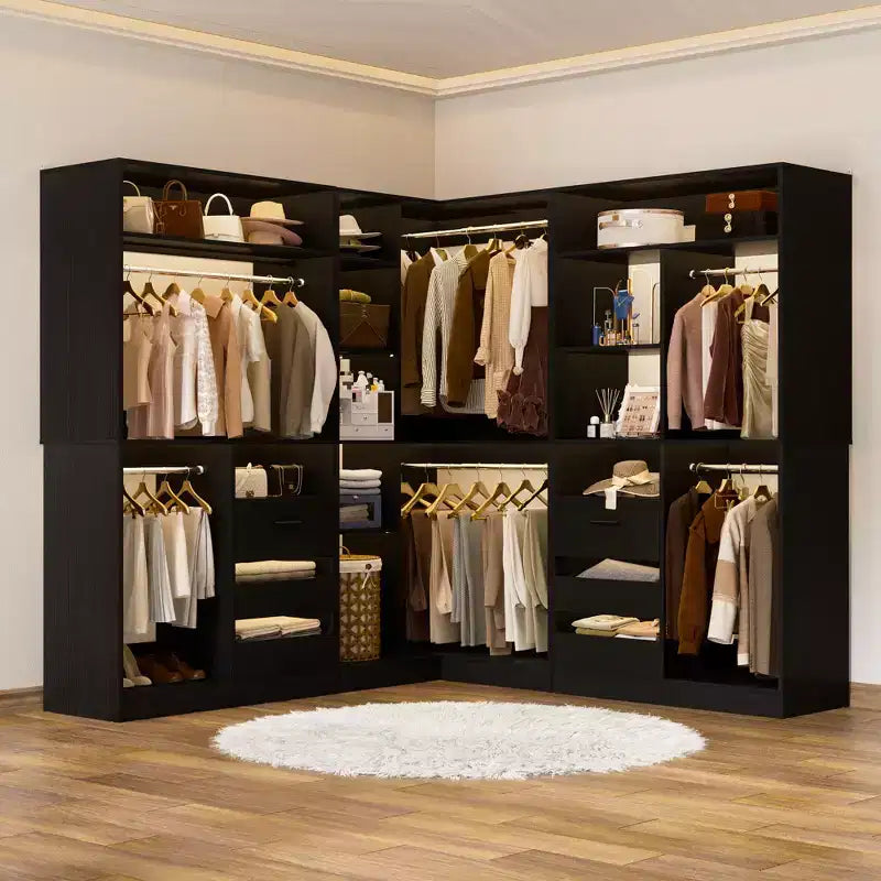 Besiost Set of 3 Corner Closet System with Tower Shelves and Drawers, Freestanding Closet Organizer with Hanging Rods
