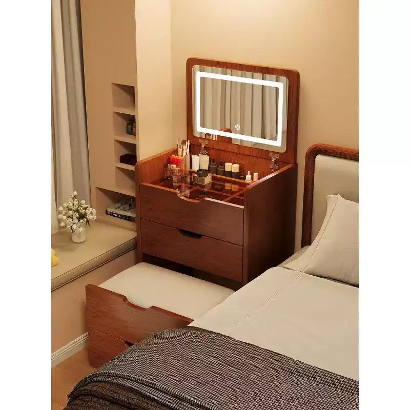 Okak 3-In-1 Vanity Table with Plip Top Mirror, Compact Vanity with Visible Glass Desktop and Cushioned Tool, Vanity Desk for Bedroom