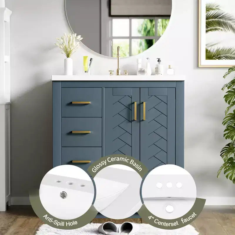 30 Single Sink Bathroom Vanity with Cabinet & 3 Drawers – Black / Blue / Green / Indigo / White