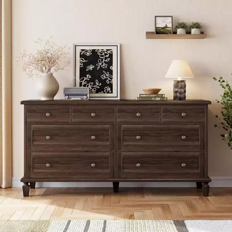 8 Drawer Dresser for Bedroom, Vintage 59 Dresser TV Stand with Carved Handles and Tapered Legs, Wood Chests of Drawers with Large Capacity Storage