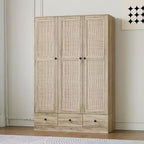 Famapy Rattan Wardrobe with 3 Drawers,3 Breathable Rattan Doors Closet,Farmhouse Style Tall Storage Armoire for Bedroom