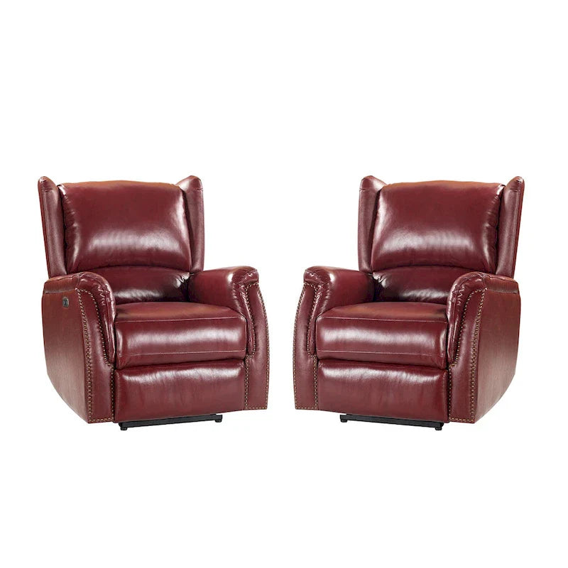 Genuine Leather Power Recliner with USB Port – Wingback Nailhead Set of 2