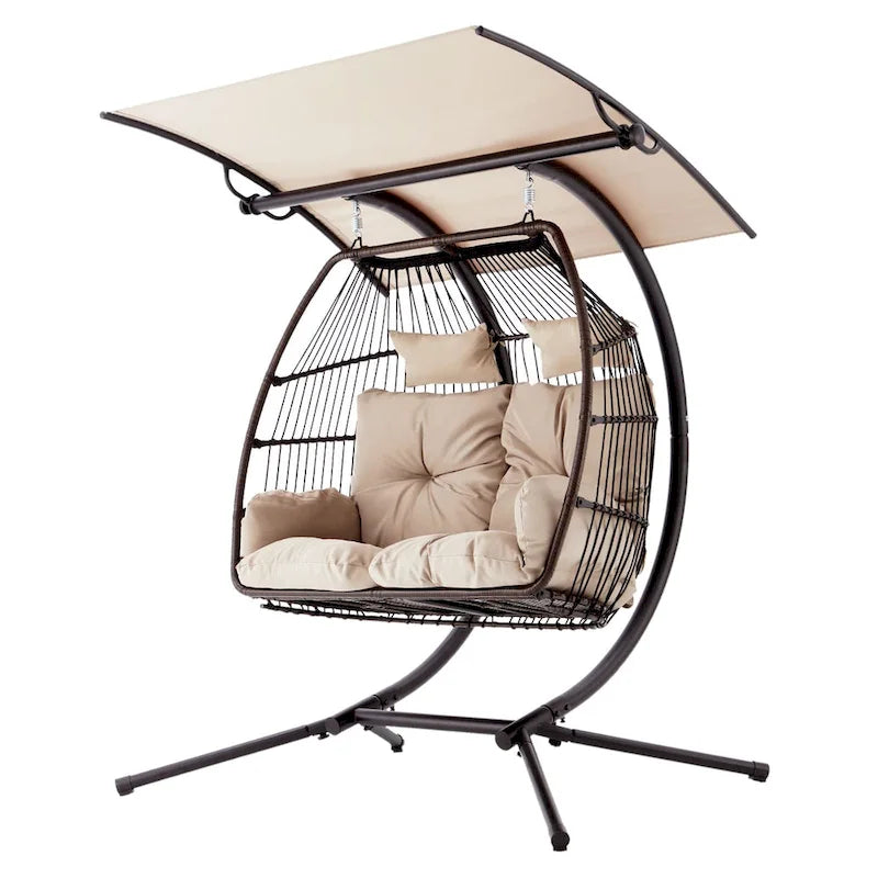 Outdoor Swing Loveseat with Stand, Foldable Hanging Chair, Hammock Cushion, and Awning, Double Egg Chair - Beige