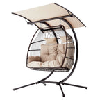Outdoor Swing Loveseat with Stand, Foldable Hanging Chair, Hammock Cushion, and Awning, Double Egg Chair - Beige