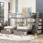 Whisen Full Over Twin & Twin Bunk Bed, Wood Triple Bunk Bed with Drawers and Guardrails