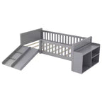 Whisen Twin Size Low Loft Bed Frame for Kids with Slide, Movable Bookshelf Storage, Guardrails, Low Loft Bed Frame