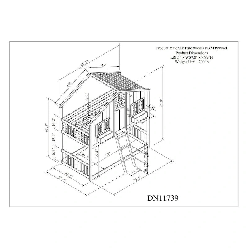 Twin over Twin House Bunk Bed with Roof , Window, Window Box, Door , with Safety Guardrails and Ladder, Grey
