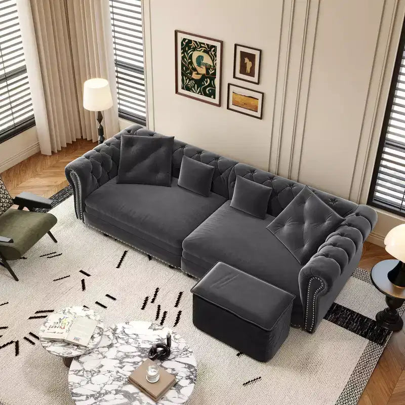 Whisen Velvet 3-in-1 King Size Pull-Out Sofa Bed & Convertible Sleeper Sofa with Movable Ottoman, Tufted Design