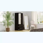 Hitow Armoire Double Drawer Mirrored Door Closet Zoned Storage