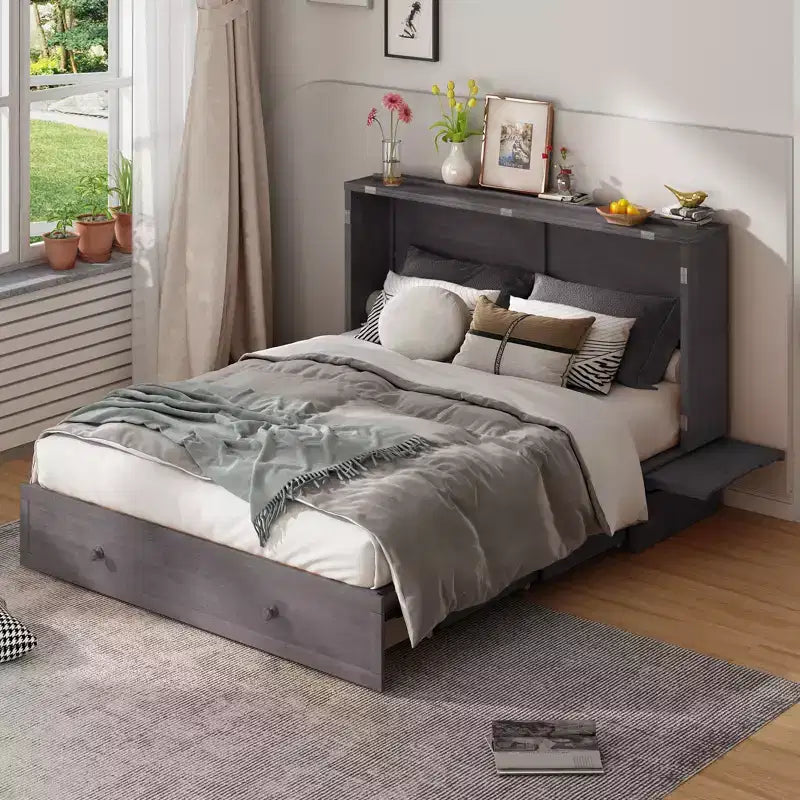 Mjkone Letto a Scomparsa Matrimoniale, Letto a Cassetti a Cubo con Stazione di Ricarica e Spazio Contenitore