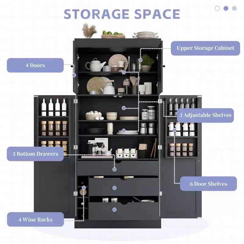 77H Freestanding Kitchen Pantry, Farmhouse Storage Cabinet with Adjustable Shelves, Door Shelves, Drawers & Wine Racks - ModernLuxe
