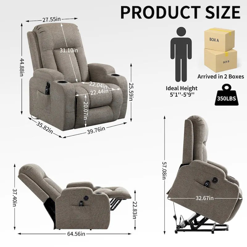Power Lift Recliner Chair, Modern Single Motor Massage Sofa Chair with Lumbar Heating, USB Charging Port, Cup Holders