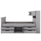 Lit plateforme capitaine double/grand avec 4 tiroirs et étagères de rangement, cadre de lit en bois massif avec tête de lit bibliothèque de rangement