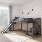 Kids Twin Low Loft Bed with Slide & Stairs, Solid Wood, 14 Guardrails, 400 lb Capacity