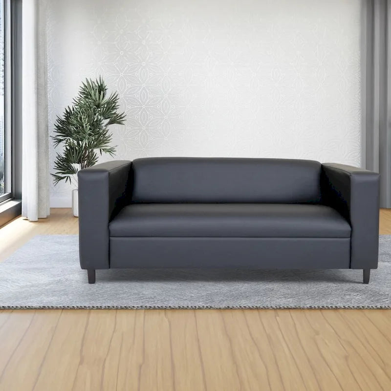 Mid Century Modern 3 Seater Sofa Faux Leather Solid Wood Frame Upholstered