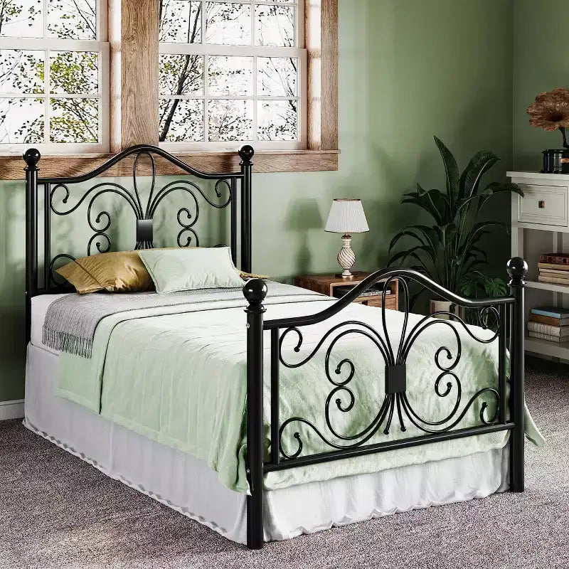 Kids Metal Bed Frame with Butterfly Headboard and Footboard, No Box Spring Needed