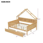 Full Size House Bed Frame with Drawers, House Platform Bed with LED Lights, Storage Shelves & Drawers, Wood Daybed with Roof and Guardrail