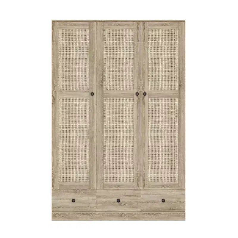 Famapy Rattan Wardrobe with 3 Drawers,3 Breathable Rattan Doors Closet,Farmhouse Style Tall Storage Armoire for Bedroom