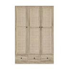 Famapy Rattan Wardrobe with 3 Drawers,3 Breathable Rattan Doors Closet,Farmhouse Style Tall Storage Armoire for Bedroom
