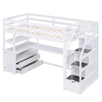 Twin Size Loft Bed with Desk and Shelves, Two Built-in Drawers, Storage Staircase