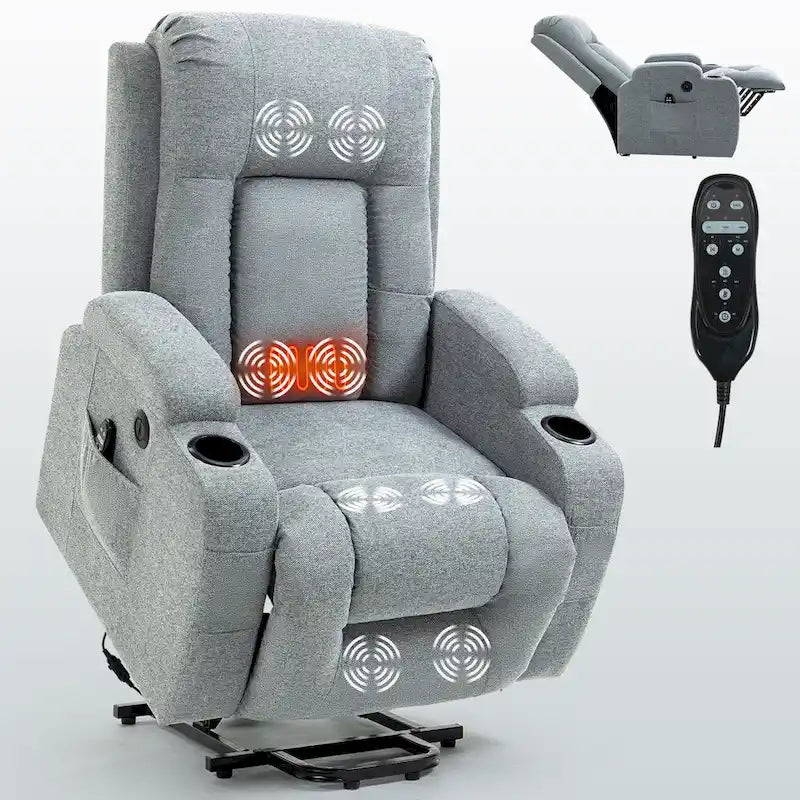Power Lift Recliner Chair, Modern Single Motor Massage Sofa Chair with Lumbar Heating, USB Charging Port, Cup Holders