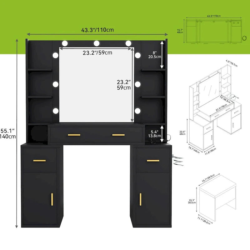 Vanity with Built-In Outlets and Lighted Mirror, 55.1H x 43.3L x 15.74W