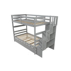 Twin over Twin Bunk Beds With Twin Trundle and Stairway Storage Function in Grey Color
