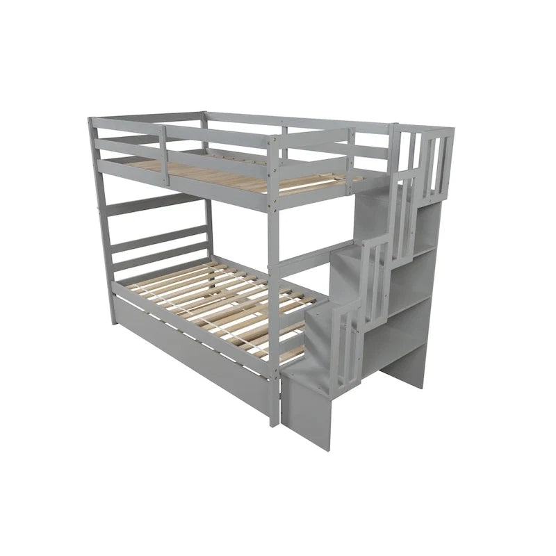 Twin over Twin Bunk Beds With Twin Trundle and Stairway Storage Function in Grey Color