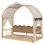 Solid Wood Playhouse Platform Bed Floor Montessori Bed Frame with Arched Roof and Trundle for Girls and Boys